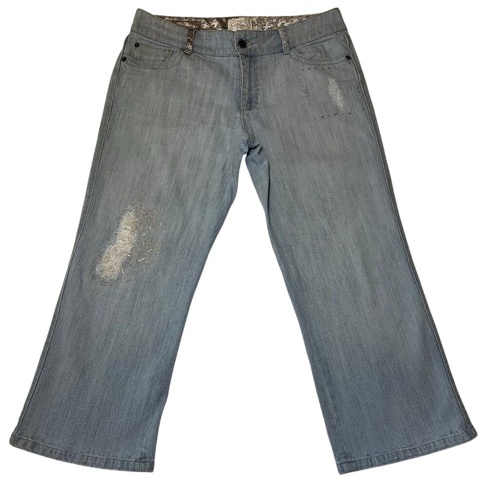 White House Black Market Blanc Light Blue Denim Capri Jeans 8 Silver Embroidery
